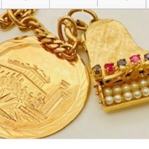 14K Men's Turn of the Century Yellow Gold Watch Fob Chain with "T" Bar &2 Charms